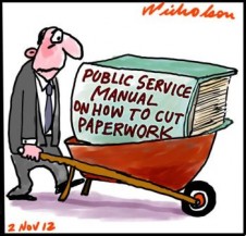 Tony  Abbott foreshadows red tape cuts. Public servants to get bonuses for cutting regulation cartoon 2012-11-02