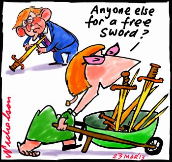 Gillard hands out wheelbarrow full ninisters fall on swords leadership cartoon 2012-03-23