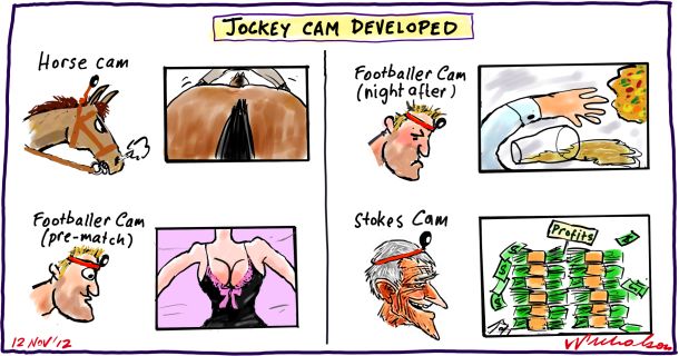 Jockey cam extended Channel seven Stokes sport Media cartoon 2012-11-12