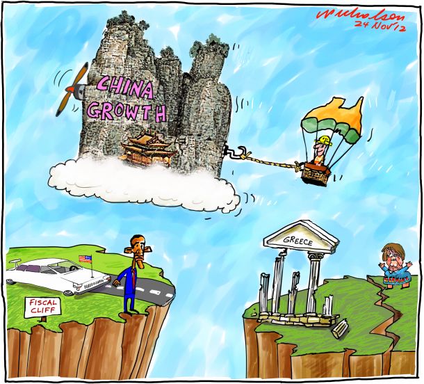 Chinese economy drags Australia in wake others becalmed Obama US Angela Merkel Greece business cartoon 2012-11-24