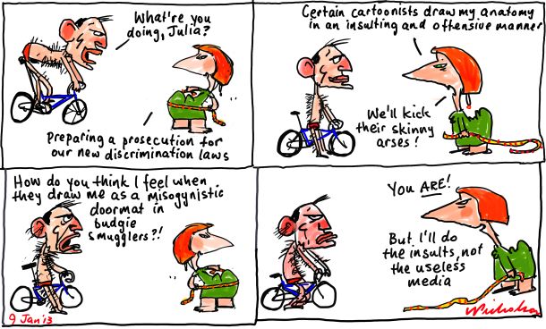 Discrimination law insults forbidden in media Gillard Abbott cartoon 2013-01-09