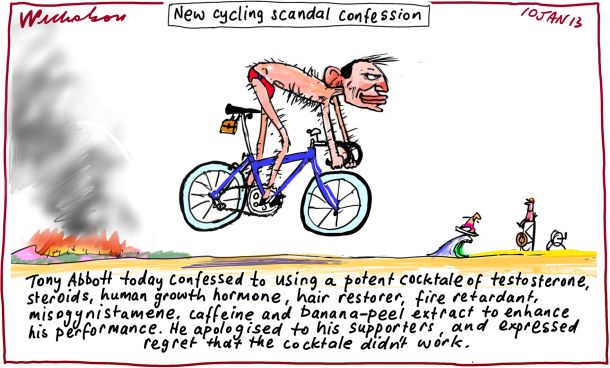 Tony Abbott manic cycling confession performance enhancing politics cartoon 2013-01-10
