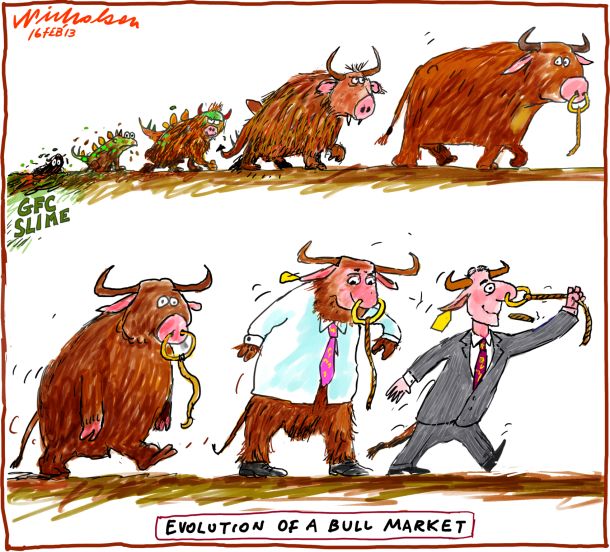 Evolution of bull market business cartoon 2013-02-16