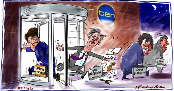 James Warburton moved on at Channel 10 revolving door Hamish McLennan in Media cartoon 2013-02-25