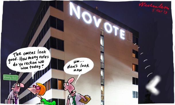 Gillard seeks votes in Rooty Hill stays in Novotel cartoon 2013-03-05