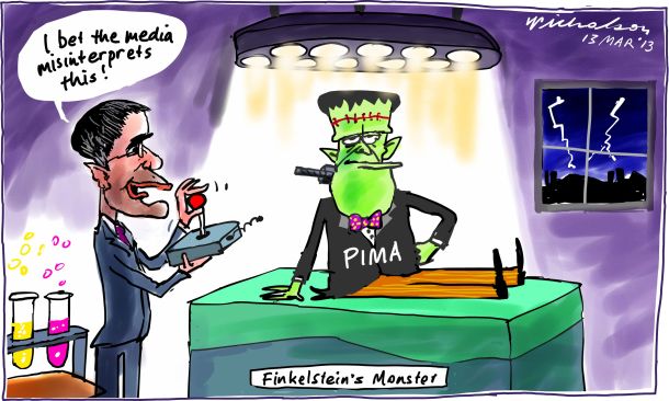 Finkelstein's monster Conroy at the controls PIMA media cartoon 2013-03-13 