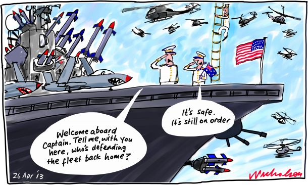 Australian navy seriously underfunded as HMAS Sydney joins US 7th Fleet for excercises off Japan cartoon 2013-04-26