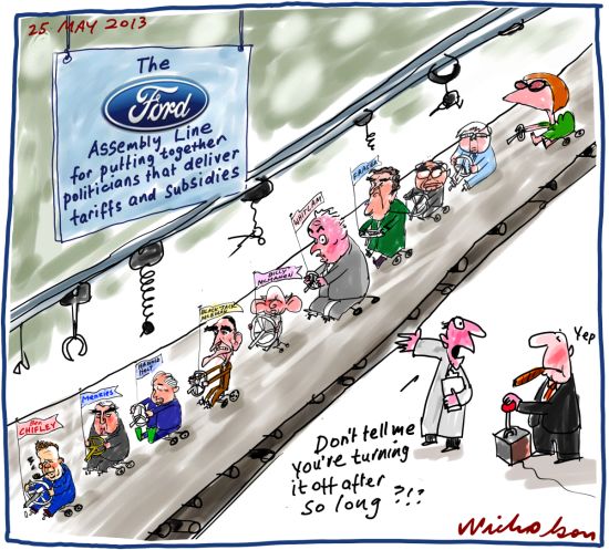 Ford to close factory subsidies pointless protectionsm Business cartoon 2013-05-25