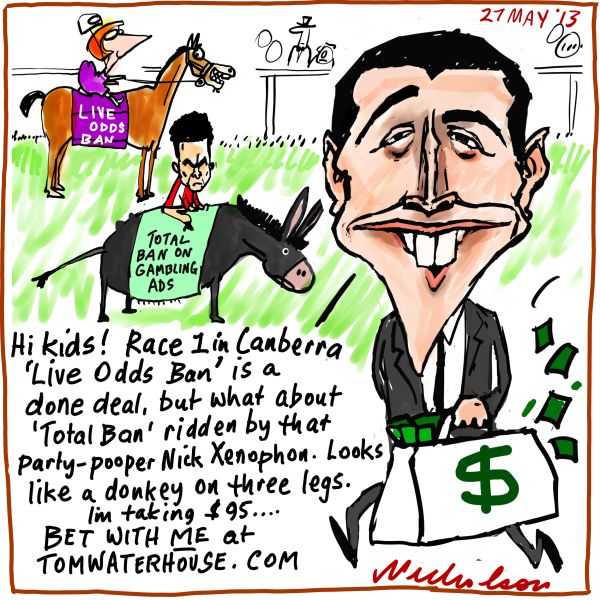Tom Waterhouse odds on Media reforms for gambling ads band live odds cartoon 2013-05-27