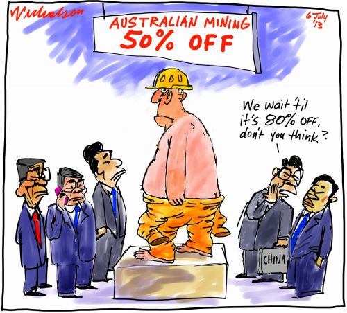 Chinese getting fussy about buying Aussie mines. 80 per cent off Business cartoon 2013-07-06