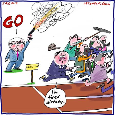 Rudd gives the go for election tired already Media cartoon 2013-08-04