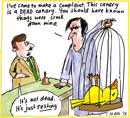 Mining gold copper iron dead canary parrot Monty Python business cartoon 2013-08-10