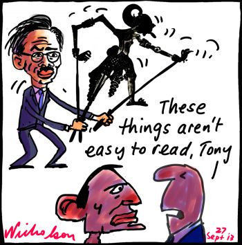 Abbott crossed wires Indonesia shadow puppets cartoon 2013-09-27