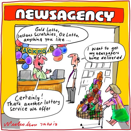 Newsagencies branch out gambling struggle with newspaper core business Media cartoon 2013-10-07