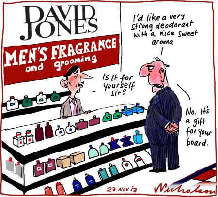 David Jones AGM First strike on board shareholders not happy business cartoon 2013-11-23