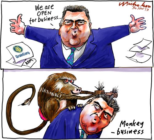 Joe Hockey on Graincorp ADM open for #business monkey cartoon 2013-11-30