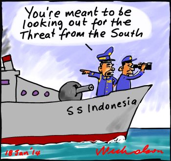Indonesia border protection switch from north to south cartoon 2014-01-18 350