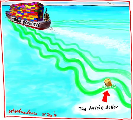 Aussie dollar bobs up and down in wake of China economy's  fluctuations Business cartoon 2014-01-25