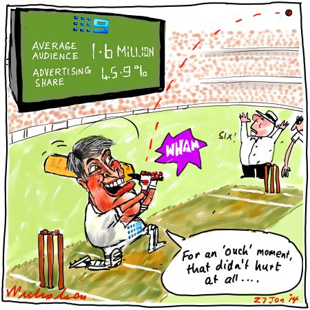 Gyngell Channel 9 hits six with expensive cricket rights as Aussies crush England in Ashes Media cartoon 2014-01-27