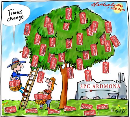 SPC Ardmona Coca Cola government subsidy refused times change fruitpicking Business cartoon 2014-02-01