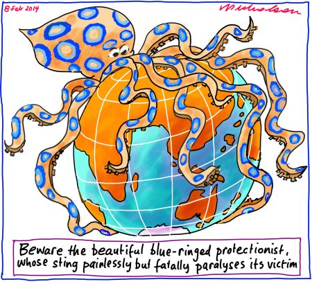 Protectionism tariffs blue ringed octopus free trade G20 economics business cartoon blue ringed octopus 2014-02-08