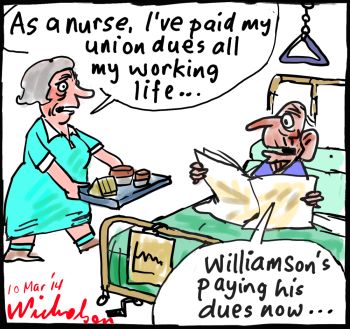 Michael Williamson HSU former boss in court pays dues cartoon 2014-03-10 