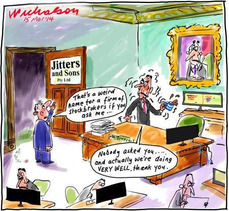 Stockmarket has the jitters business cartoon 2014-03-15