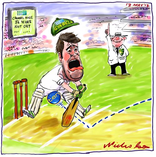 Channel 9 David Gyngell losing cricket rights to Channel10 balls cartoon 2014-05-13