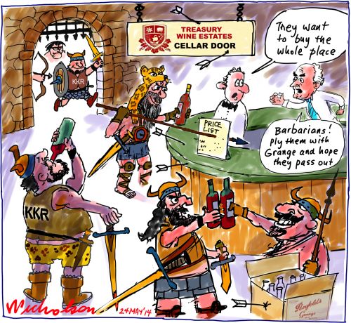 KKR raid Treasury Wine Estates TWE barbarians Grange pass out Business cartoon 2014-05-24