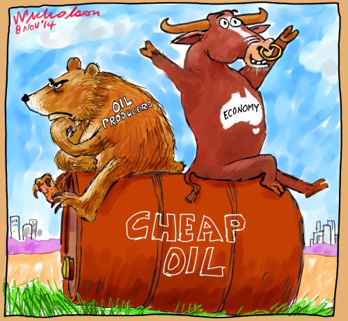 Cheap oil imports how they affect economy bulls bears Business cartoon 2014-11-08 
