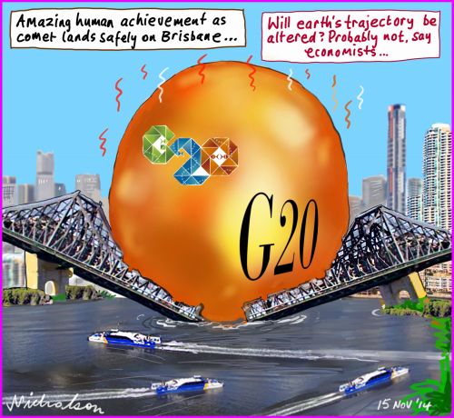Comet lands safely on Brisbane G20 Business cartoon 2014-11-15 