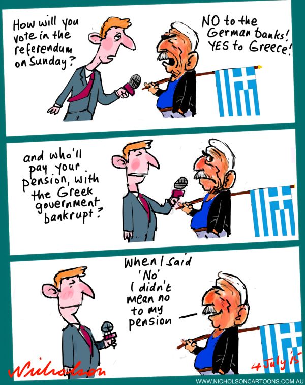 Greeks vote on Austerity pension Australian business cartoon 2015-07-04