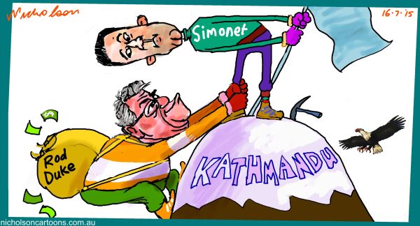 Kathmandu Duke Simonet Ron Duke  Margin Call cartoon Australian 2015-07-16