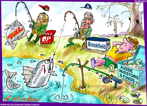 Aussie funds investors fail to catch fish Toll Japan Post Asciano Brookfield  Australian business cartoon 2015-08-21