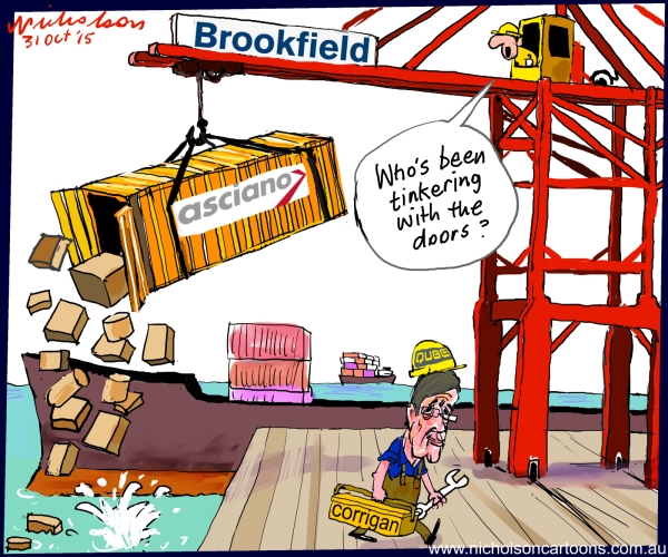 Corrigan Qube Brookfield Asciano container door open Australian business cartoon 2015-10-31 